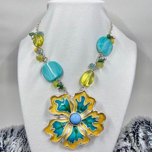 Golden Yellow & Turquoise Enameled Flower Pendant 16” Silver Toned Necklace